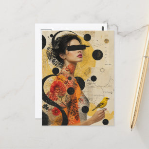Carte Postale Femme et oiseau jaune Collage