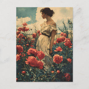 Carte Postale Femme et pivoines Vintage