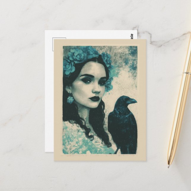 Carte Postale Femme et un corbeau  (Devant/Arrière en situation)