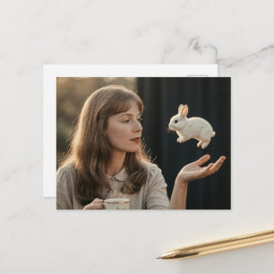 Carte Postale Femme et un petit lapin magique au thé