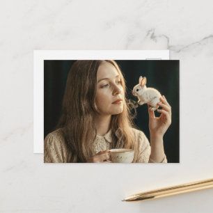Carte Postale Femme et un petit lapin magique au thé