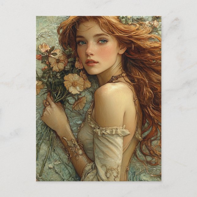 Carte Postale Femme Fantastique Avec Des Fleurs (Devant)