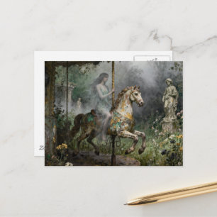 Carte Postale Femme fantôme sur un carrousel abandonné dans un j