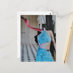 Carte Postale Femme flamant dans un collage surréaliste de pièce