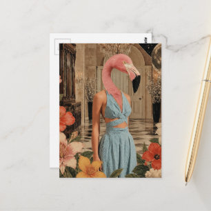Carte Postale Femme Flamant Rose Habillée en Surréalisme Bleu