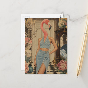 Carte Postale Femme Flamant Surrealiste Vêtue de Bleu