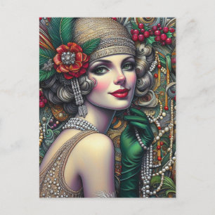 Carte Postale Femme Flapper de Noël Magnifique en Robe Dorée