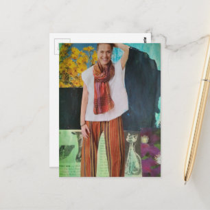 Carte Postale Femme Heureuse Avec Collage Média Mixte De Chat Ré