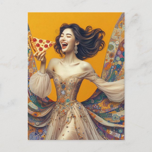 Carte Postale Femme Heureuse Avec Pizza Colorful Unique (Devant)