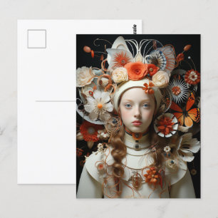 Carte Postale Femme Imaginaire en blanc avec papillons orange