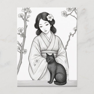 Carte Postale Femme japonaise avec chat noir