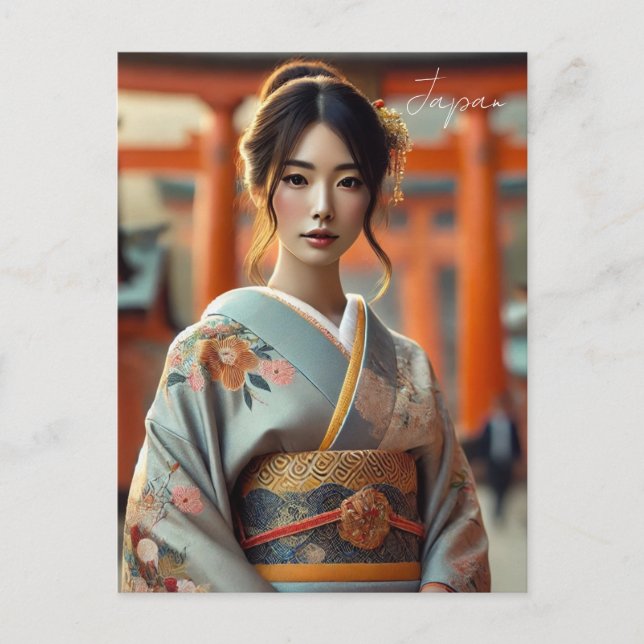 Carte Postale Femme japonaise en Kimono Torii traditionnel (Devant)