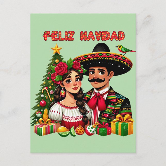 Carte Postale Femme mexicaine arbre de Noël Feliz Navidad art (Devant)