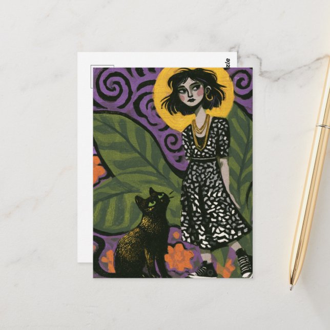 Carte Postale Femme mignonne et son chat  (Devant/Arrière en situation)