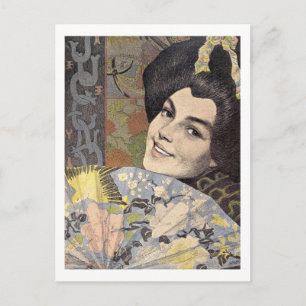 Carte Postale Femme, Motif Asiatique, Ventilateur, Romantique, V