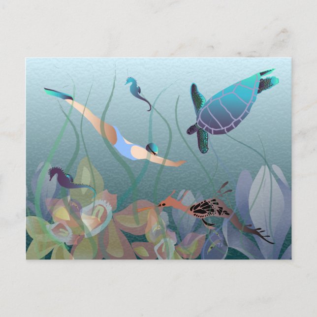 Carte Postale Femme nageant sous l'eau avec tortue (Devant)