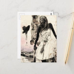 Carte Postale Femme noir et blanc avec collage surréaliste de ch