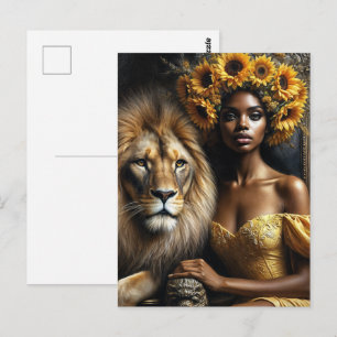 Carte Postale Femme noire avec Lion Tournesol Lion