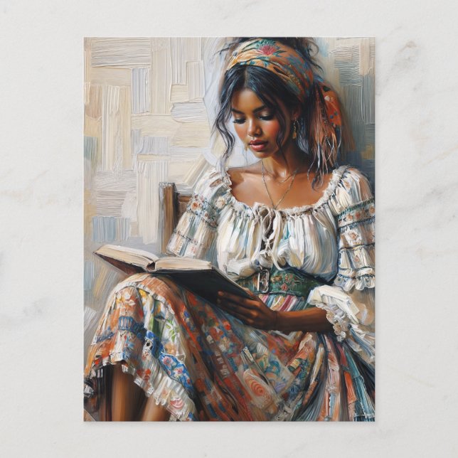 Carte Postale Femme noire bohème lisant un livre bohémien (Devant)