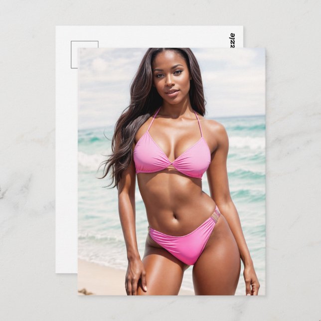 Carte Postale Femme Noire En Bikini Rose (Devant / Derrière)