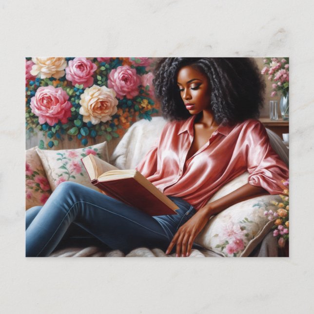 Carte Postale Femme Noire En Lecture Rose Art Floral (Devant)