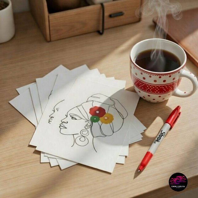 Carte Postale Femme noire ligne artistique tête enveloppée de fl (Message ready. Pride attached.)