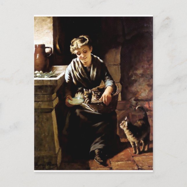 Carte Postale Femme nourrissant des chats peinture antique (Devant)
