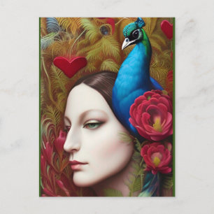 Carte Postale Femme, Peacock, Fleurs rouges et coeur