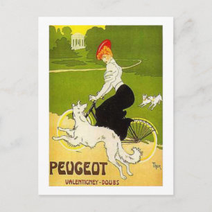 Carte Postale Femme Peugeot vintage à vélo avec le chien Runnin