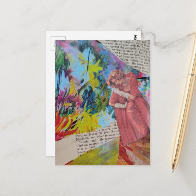 Carte Postale Femme Rétro dans un Collage de Robe Rouge (Devant/Arrière en situation)