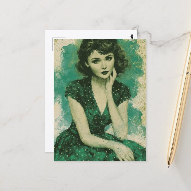 Carte Postale Femme Rétro dans une Robe Verte à Pois Blancs (Devant/Arrière en situation)