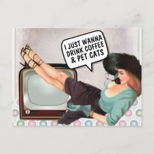 CARTE POSTALE FEMME RÉTRO DRÔLE CAFÉ & CHATS