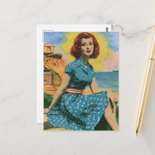 Carte Postale Femme Rétro en Bleu à Points dans une Journée à la