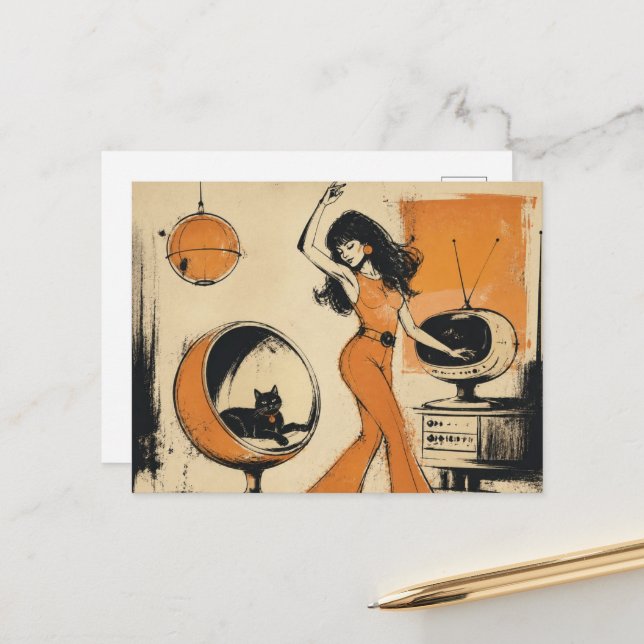 Carte Postale Femme Rétro en Orange Danse Avec Chat Noir (Devant/Arrière en situation)