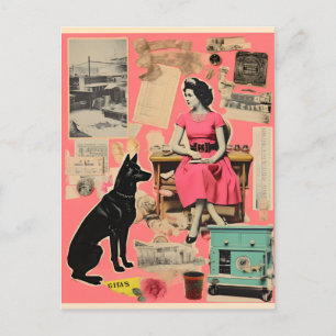 Carte Postale Femme rétro en robe avec chien noir Collage
