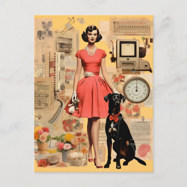 Carte Postale Femme rétro en robe avec chien noir Collage (Devant)