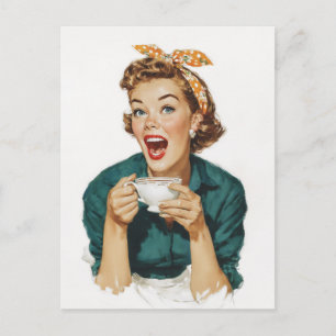 Carte Postale Femme Rétro Joyeuse qui Apprécie son Café