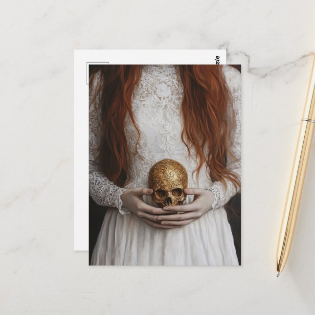 Carte Postale Femme rousse abstraite avec un crâne (Devant/Arrière en situation)