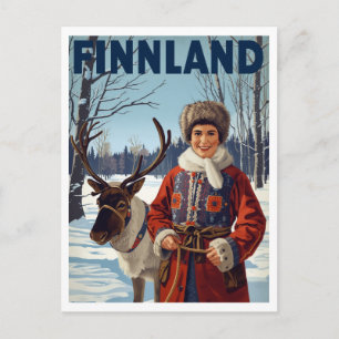 Carte Postale Femme sámi de Finlande en hiver avec un renne