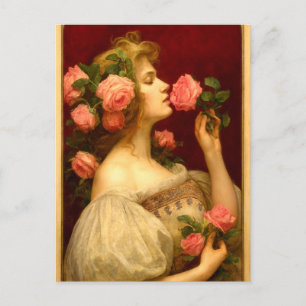 Carte Postale Femme Sentant Une Rose Ère Victorienne Rétro