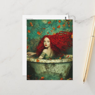 Carte Postale Femme sirène aux cheveux roux dans une baignoire