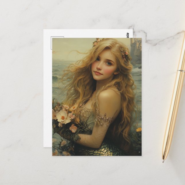 Carte Postale Femme sirène avec des fleurs (Devant/Arrière en situation)