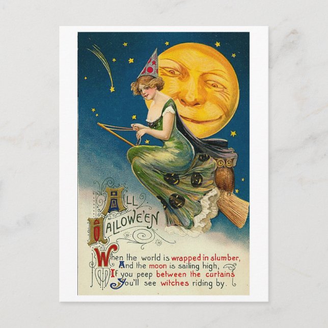 Carte Postale Femme sur Broomstick Toute Halloween (Devant)