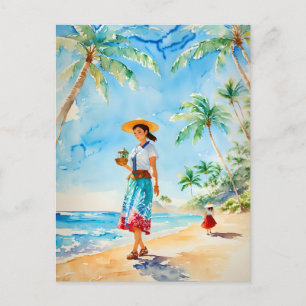 Carte Postale Femme sur Hawaii Beach aquarelle peinture, Vintage