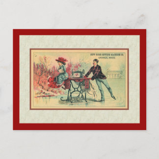 Carte Postale Femme sur machine à coudre sur glace