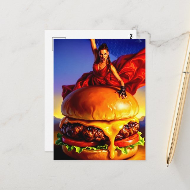 Carte Postale Femme sur un cheeseburger (Devant/Arrière en situation)