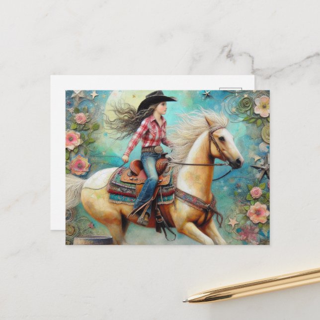 Carte Postale Femme sur un Palomino Pinto Horse (Devant/Arrière en situation)