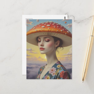 Carte Postale Femme surréaliste avec un chapeau champignon