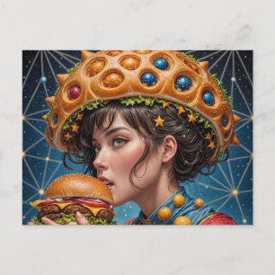 Carte Postale Femme surréaliste bizarre avec un Cheeseburger
