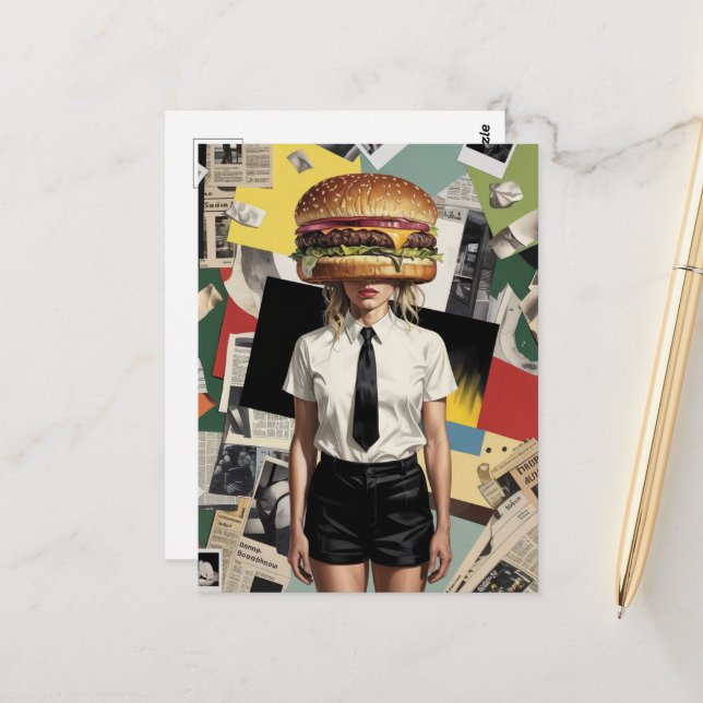 Carte Postale Femme surréaliste Cheeseburger (Devant/Arrière en situation)